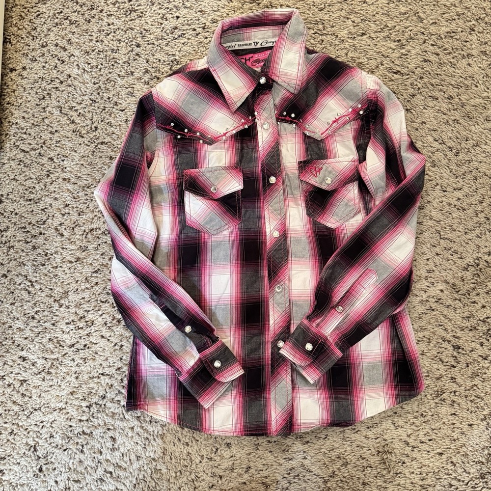 Cowgirl Hardware Girls M 7/8 Western Snap Shirt Pink Plaid Horse‎ Rhinestone - Picture 5 of 13